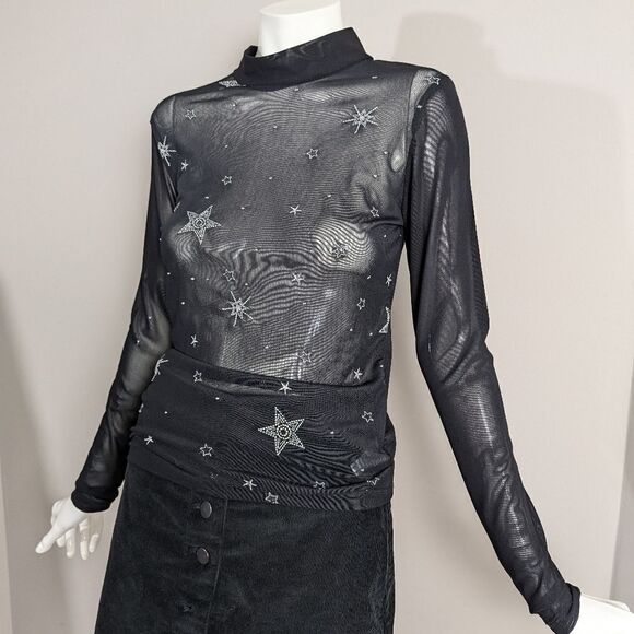 Tops - Black celestial mesh top stars embroidered stretch mockneck womens xs